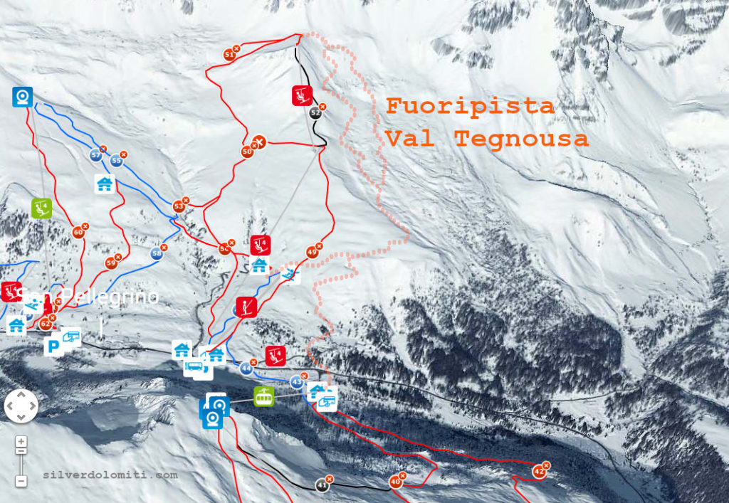 fuoripista tegnousa a passo san pellegrino, dolomiti superski